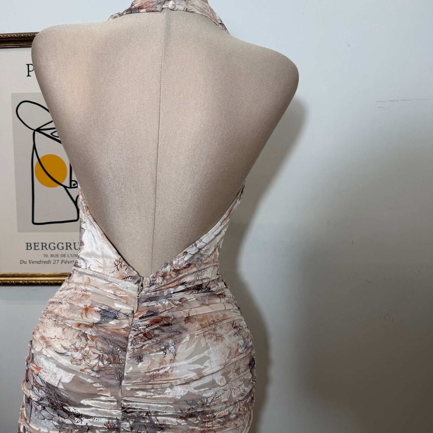 Metallic Printed Mesh halter Ruched Midi Dress-Taupe multi