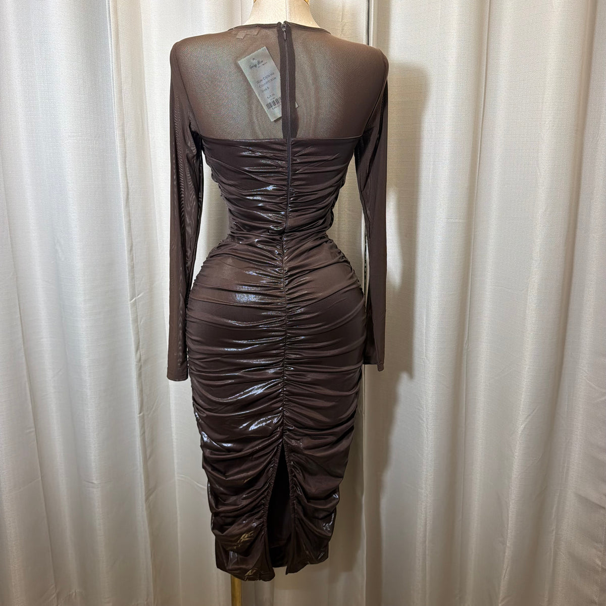 Ruched Midi Dress with sheer Mesh Sleeves-Brown