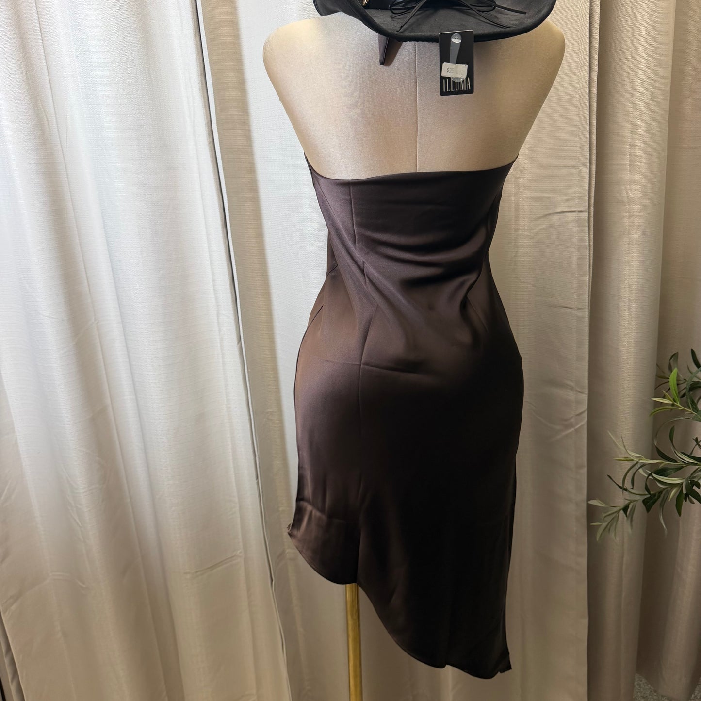 Satin Asymmetrical Midi Dress-Brown
