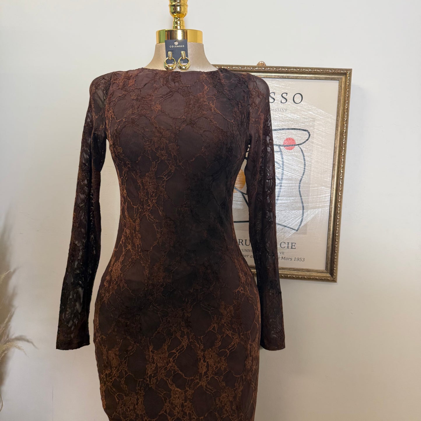 Tie Back Burnout Mesh Print Long Sleeve Maxi Dress-chocolate