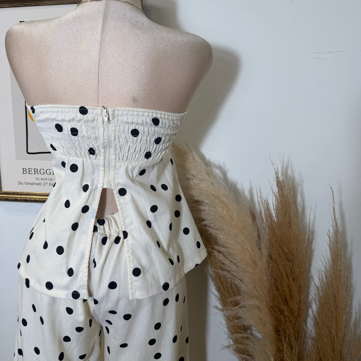 Polka Dot Linen Strapless Pant Set -Cream