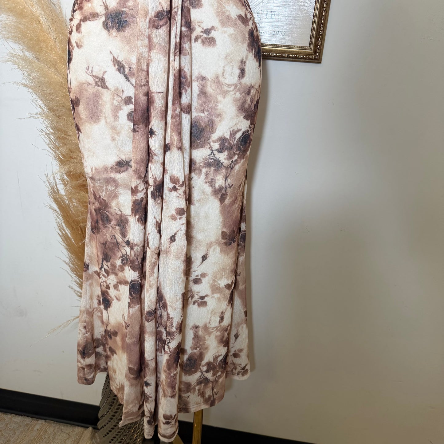 HalterNeck Print Midi Dress-Brown Floral