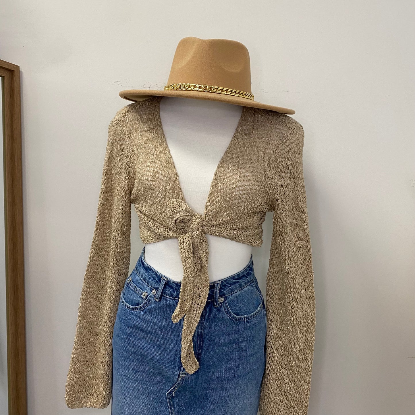 Knit Cardigan With Front Knot -Tan