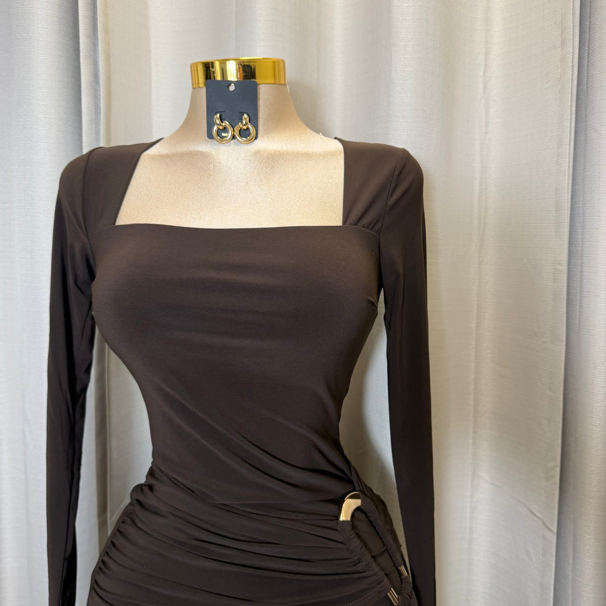 Square Neck Gold Trim Midi Dress-Brown