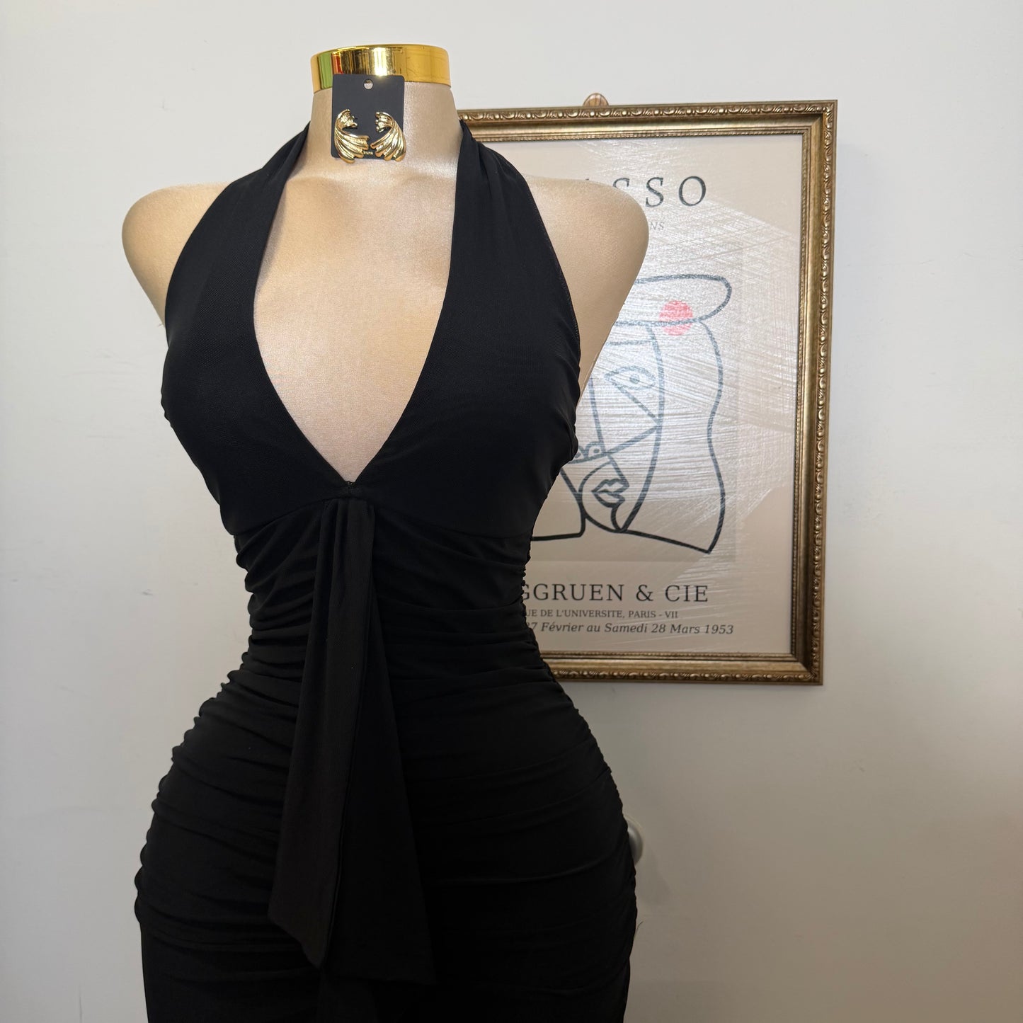 Mesh Midi Dress W/ a Front Sash-Black