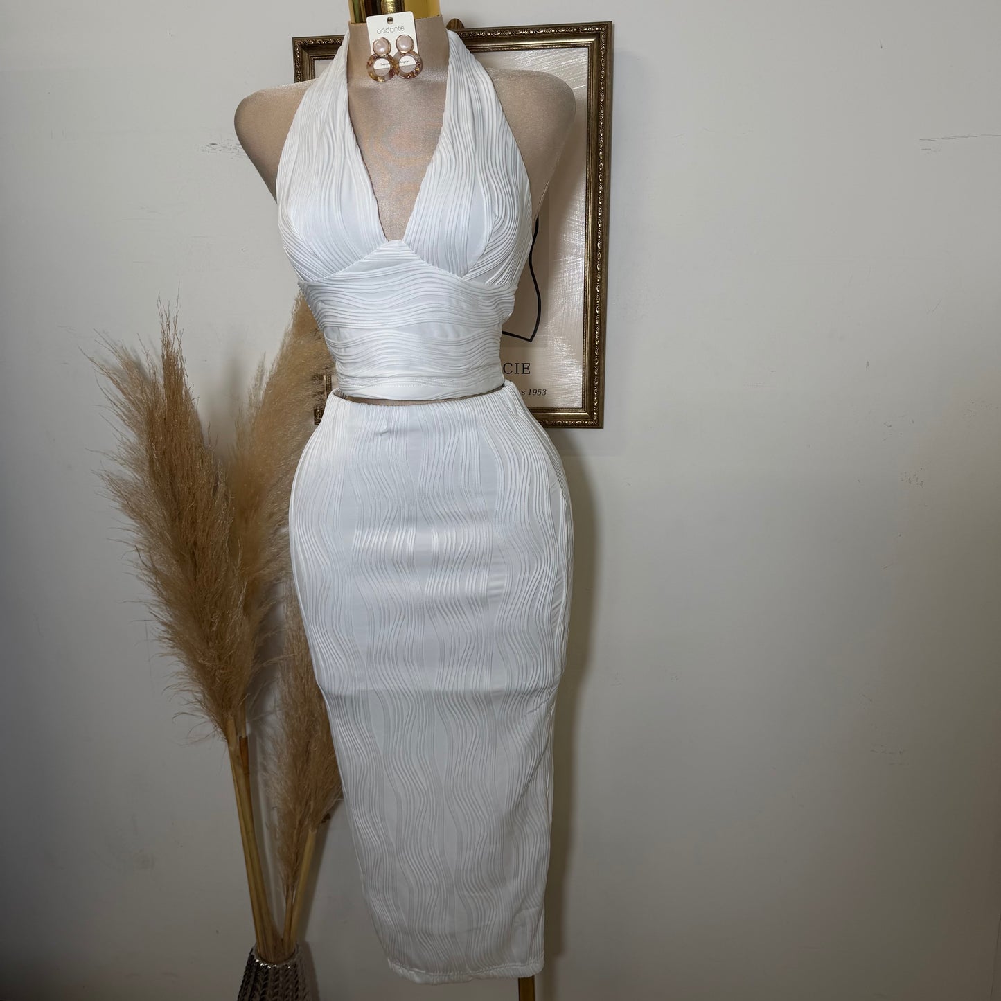 Halter Neck and Midi Skirt Set-White