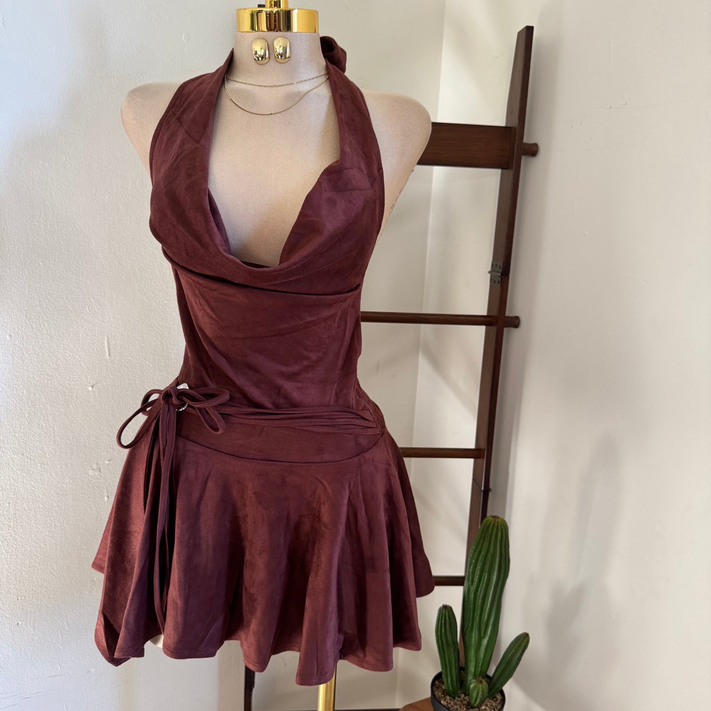 Suede Cowl Halter Open back Dress  -Burgundy