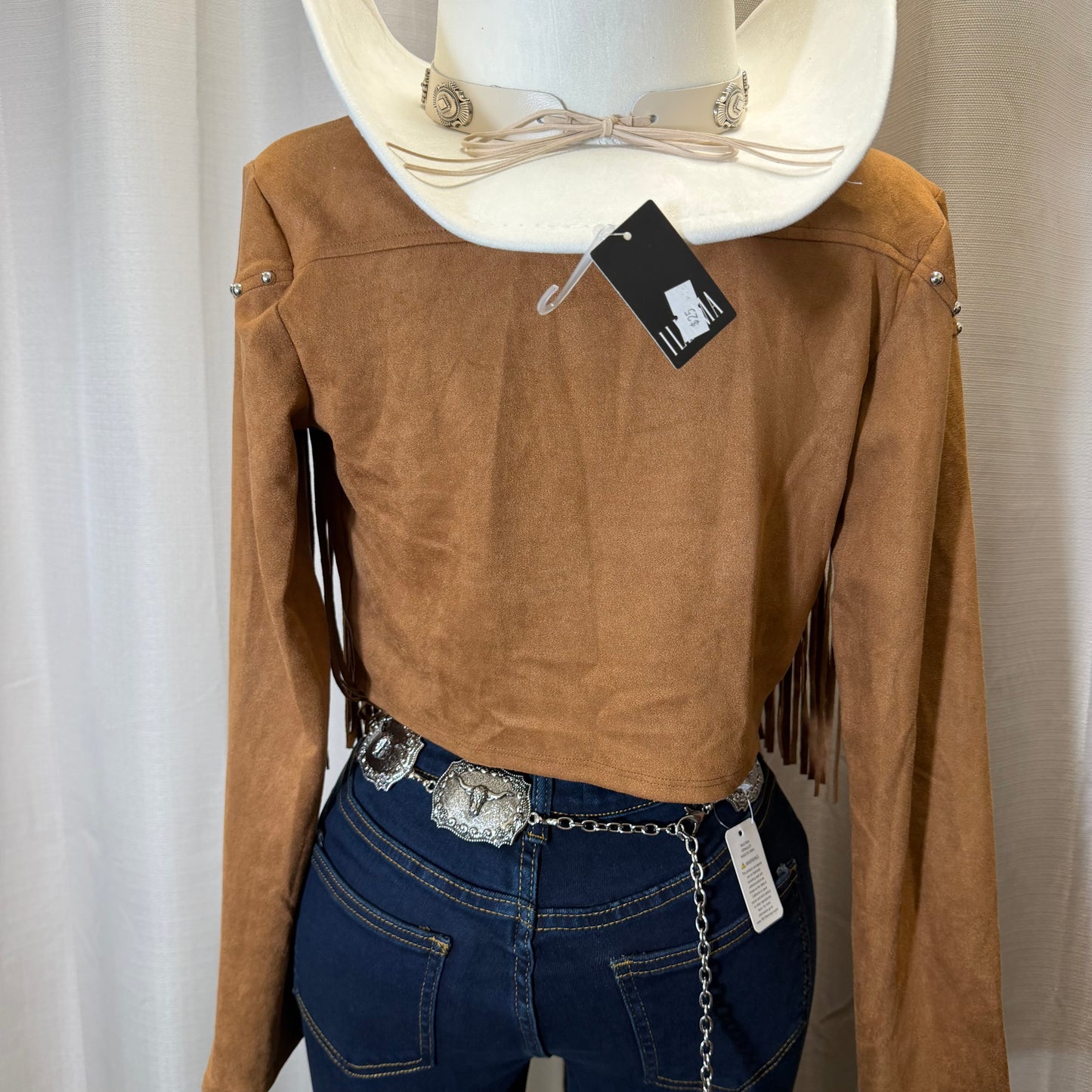 Suede Fringe Stud Jacket-Caramel