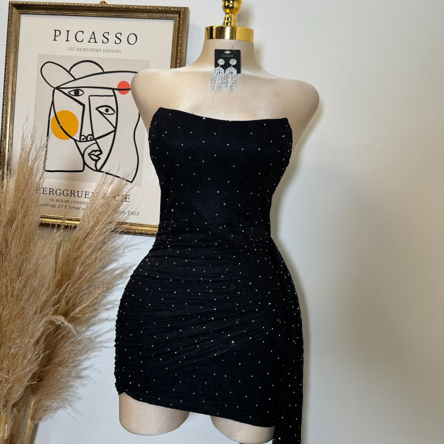 STUDD HOTFIX REGISTERED LACE STRAPLESS MINI BODYCON DRESS-Black