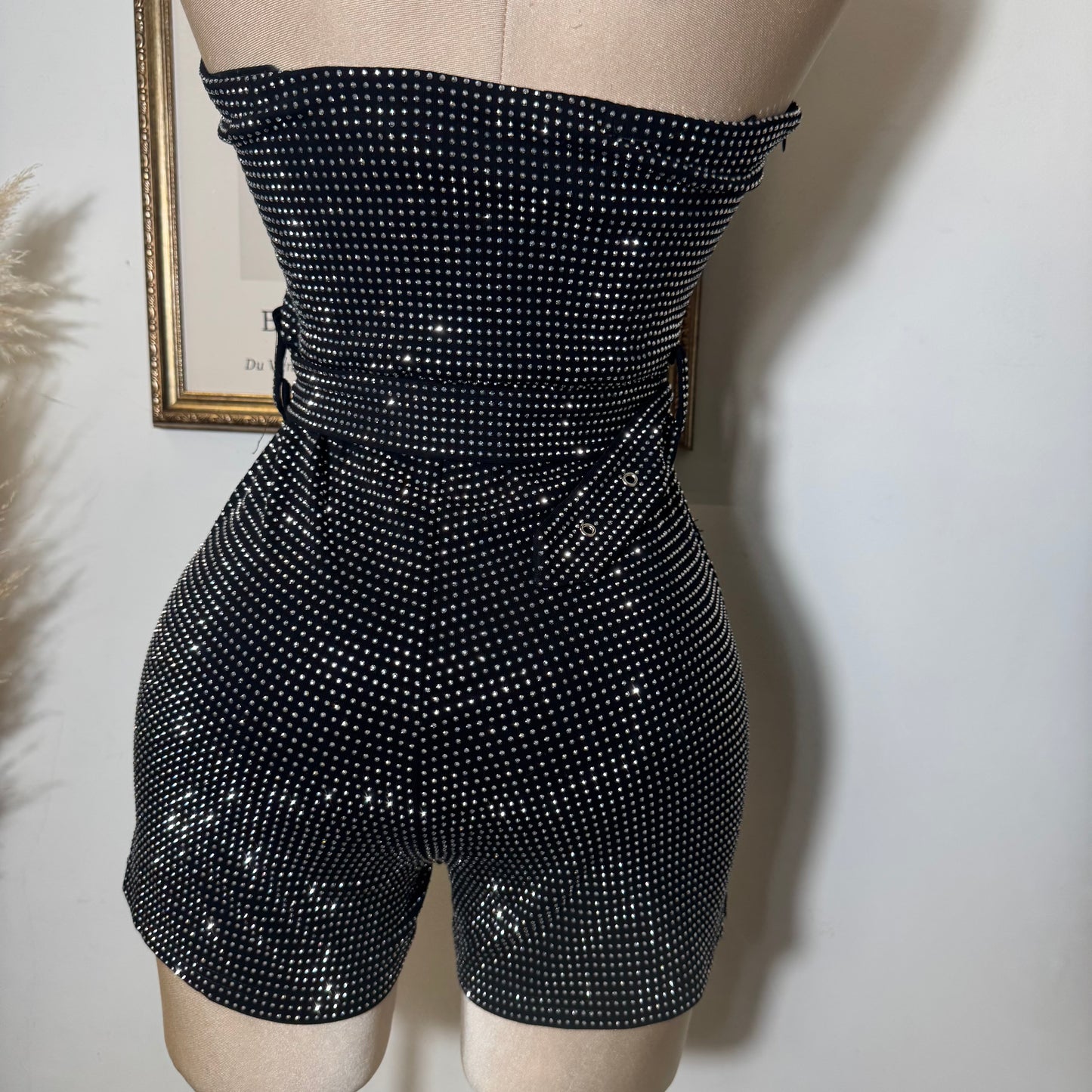 Strapless Rhinestone Romper With Belt-Black