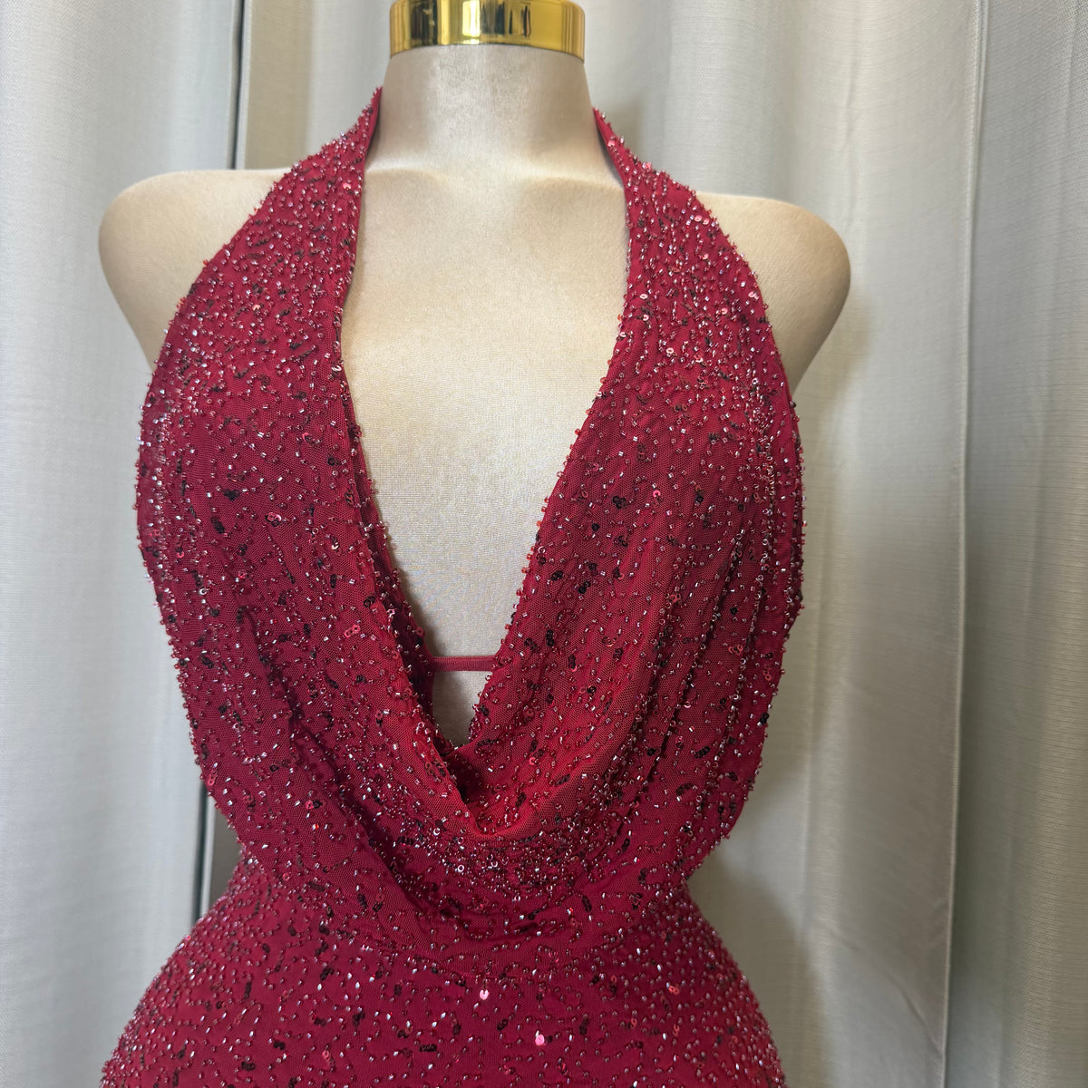 Halter sequins Beads Mini Dress-Burgundy/Red