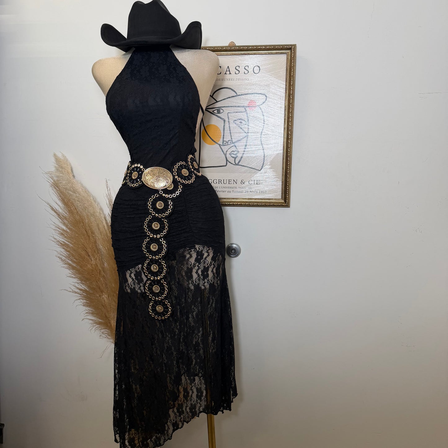 Lace Ruched Halter Maxi Dress-Black