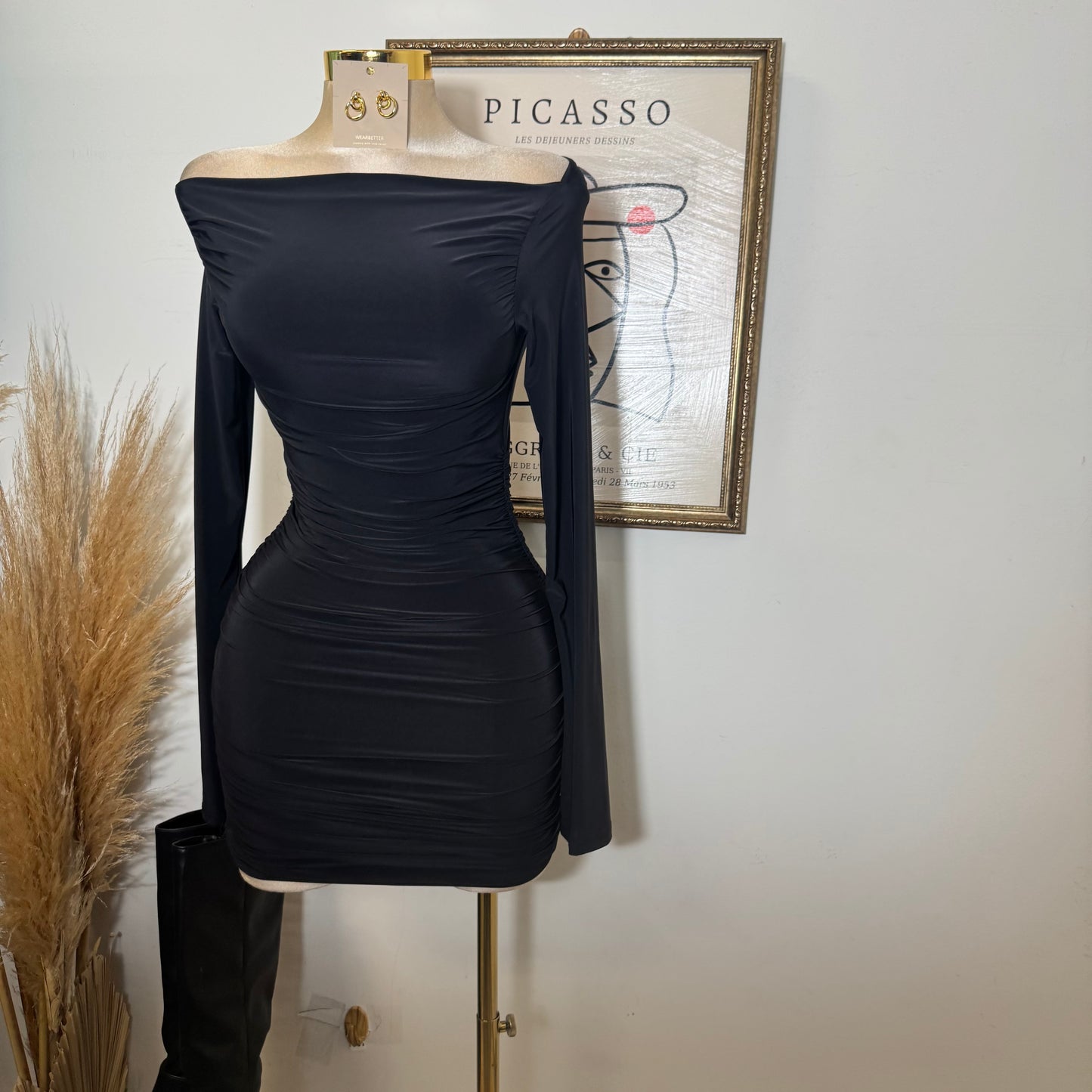 Long Bell Sleeve Boat Neckline Mini Dress-Black