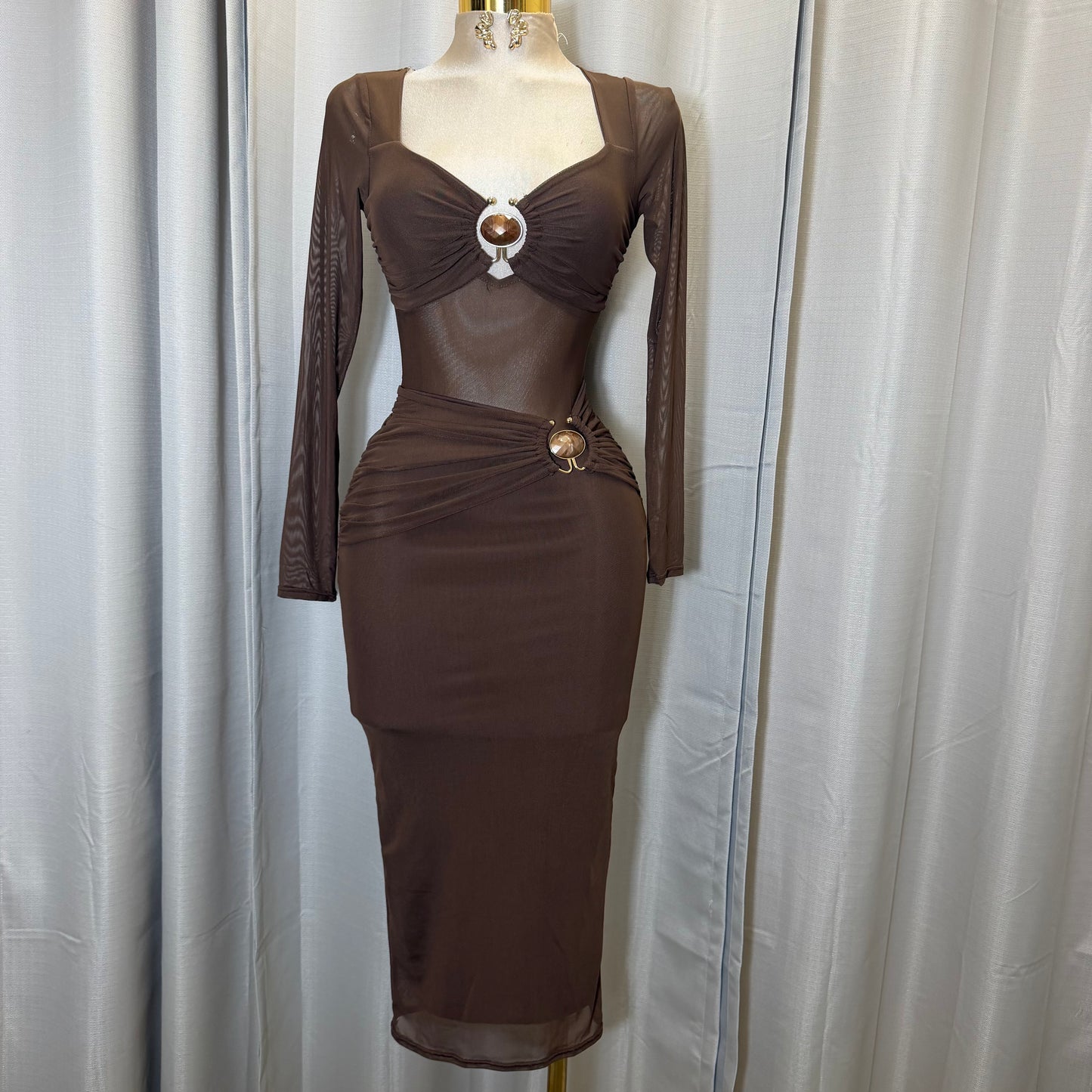 Front Trim mesh Midi dress-Brown