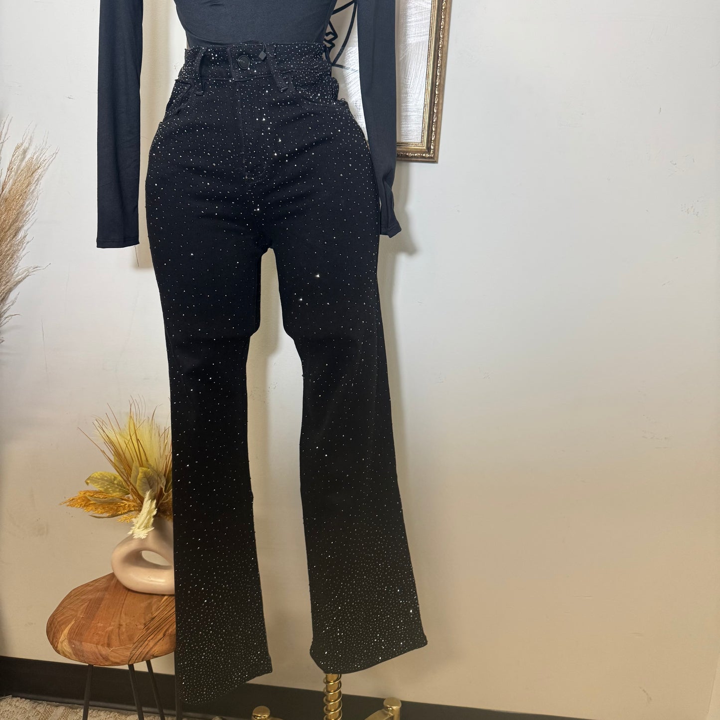 Nye Rhinestone Flare Pants-Black
