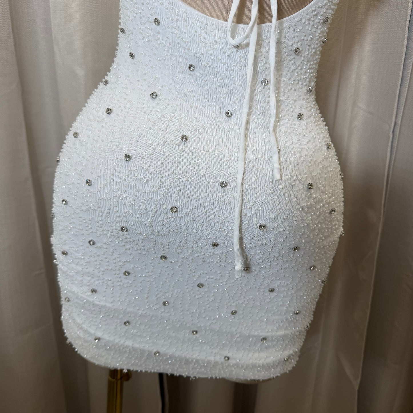 Power Mesh w/ Rhinestone Mini Dress-White
