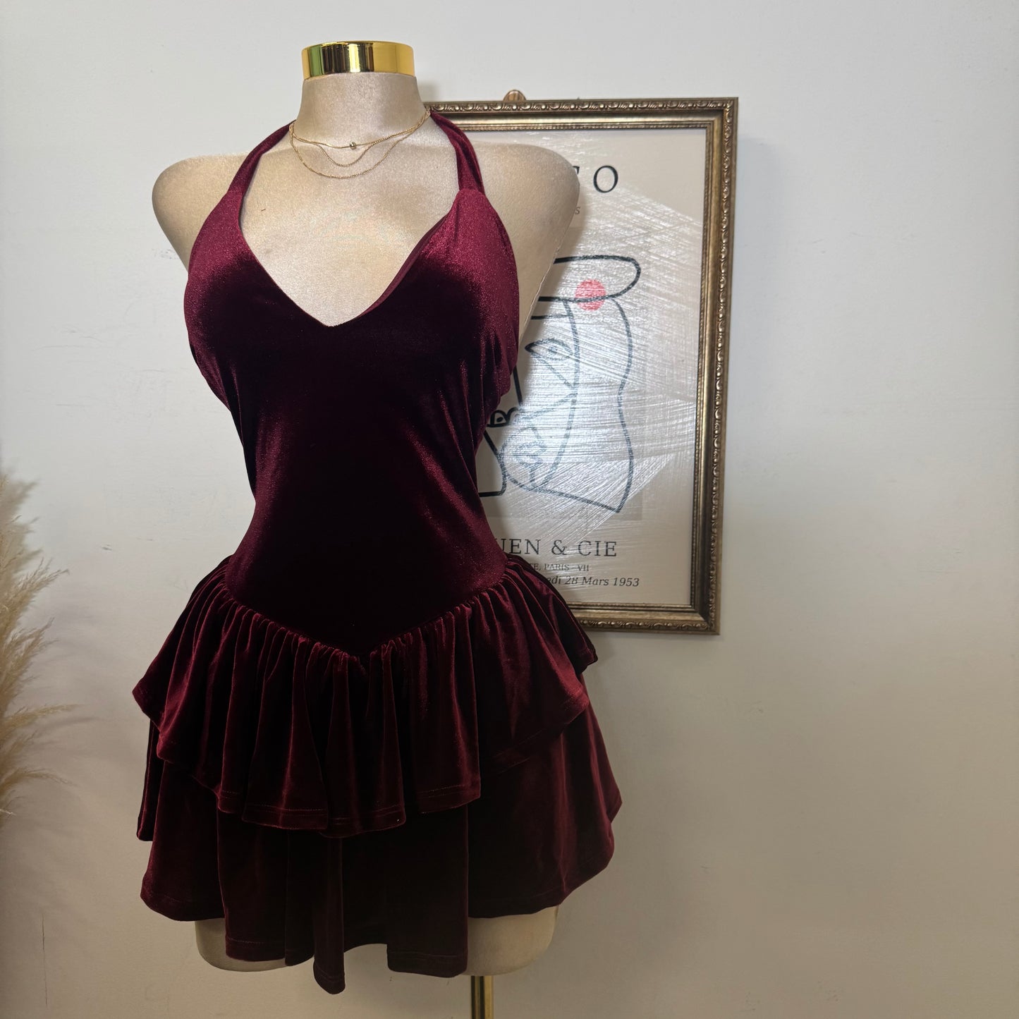 Velvet Halter Double Layer Fit and Flare Dress-Burgundy