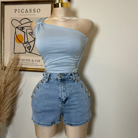 High Waisted Shorts Silver Button-LT Blue