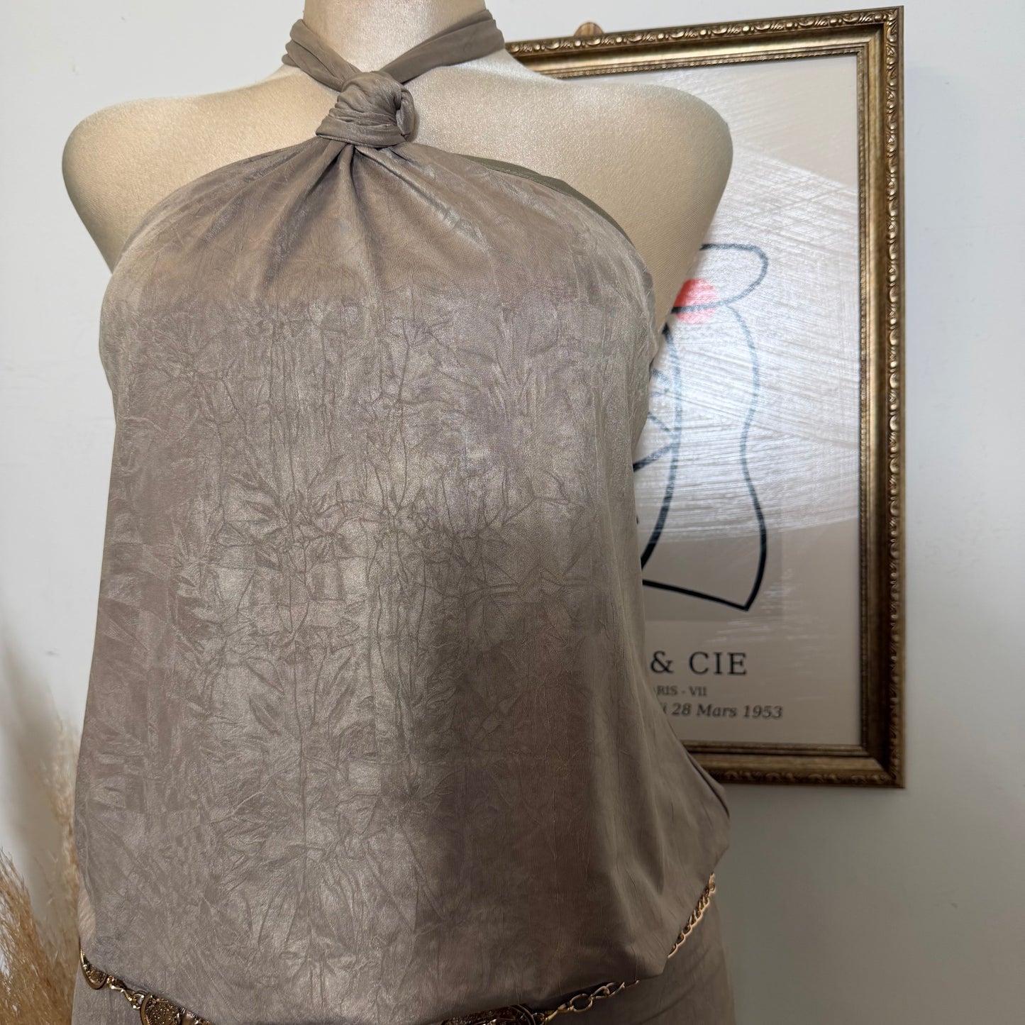 Knot Halter Blouson Bodycon Mini Dress-Mud