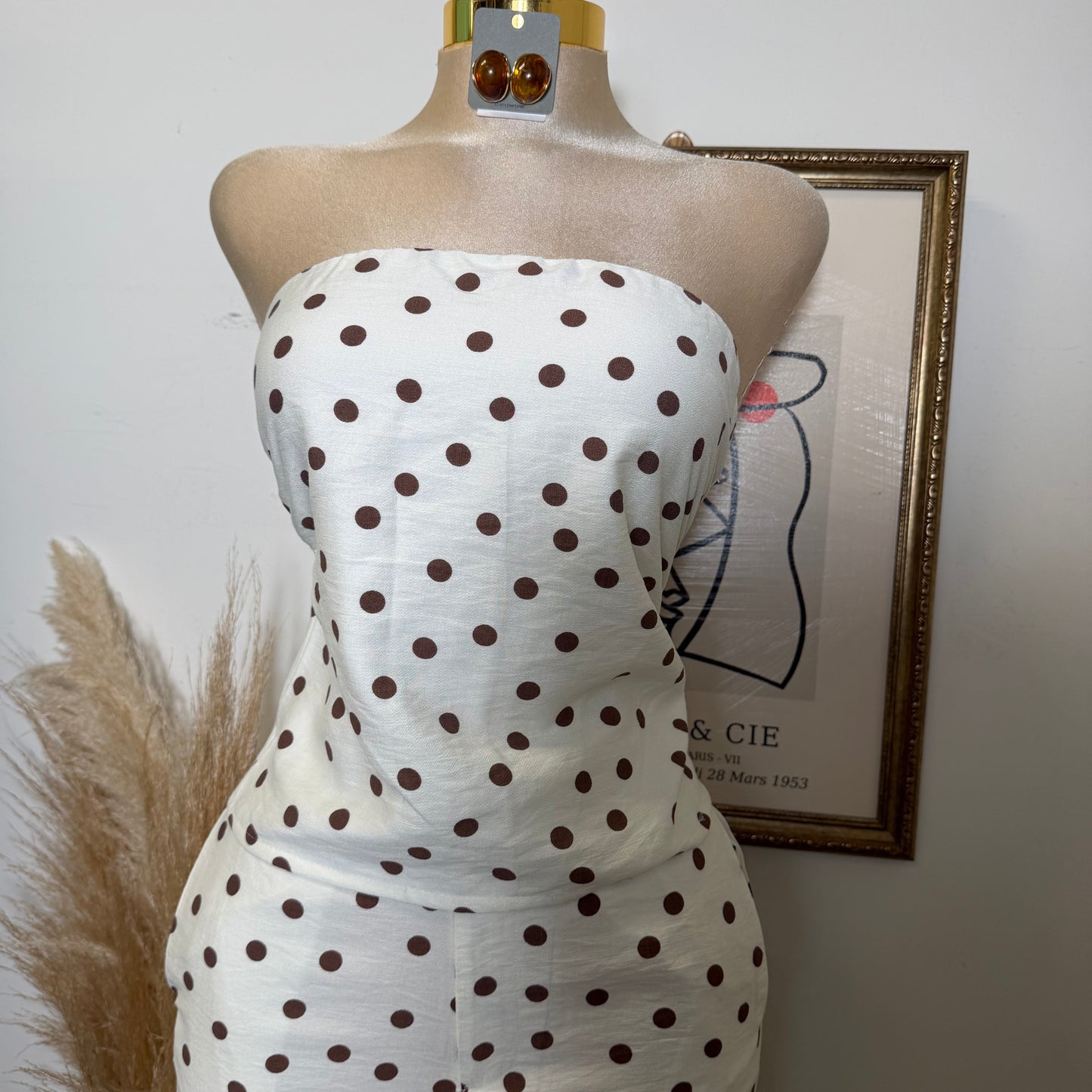 Polka Dot Strapless Wide leg Pant set-Ivory