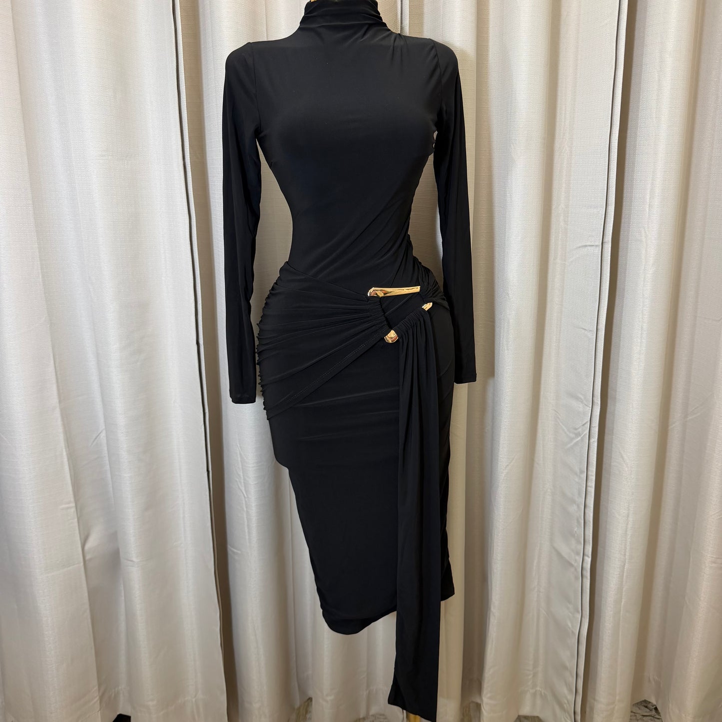 Long sleeve  Solid Double Layer Front Sash Midi Dress-Black
