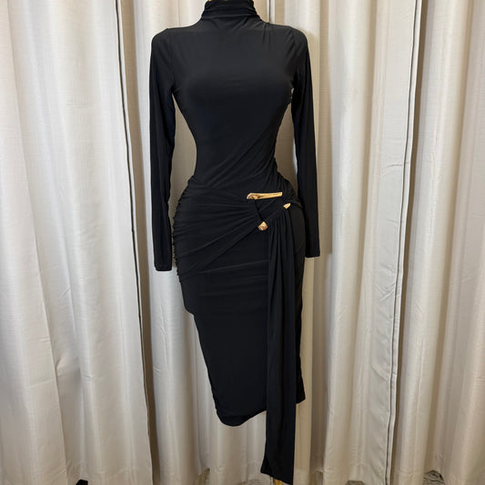 Long sleeve  Solid Double Layer Front Sash Midi Dress-Black