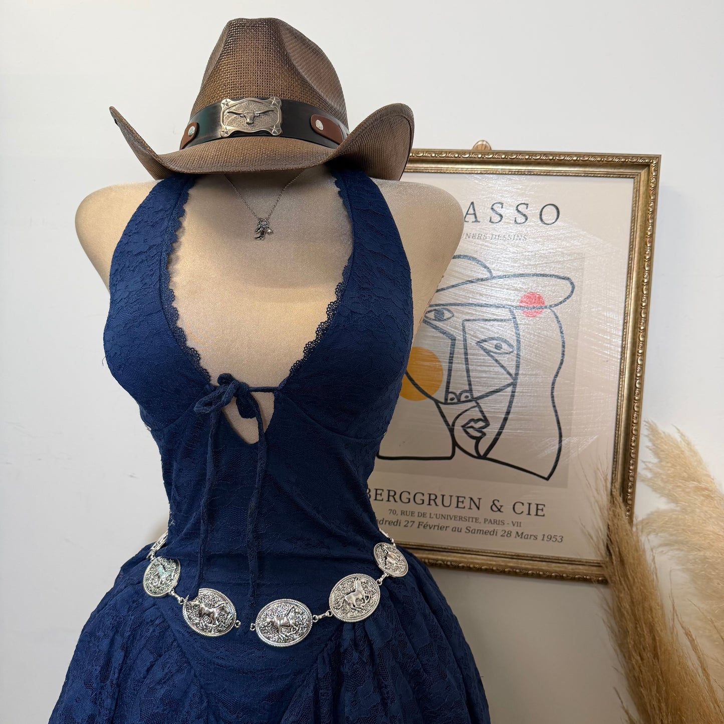 Lace Halter Mini Dress With Flared Skater Skirt-Navy