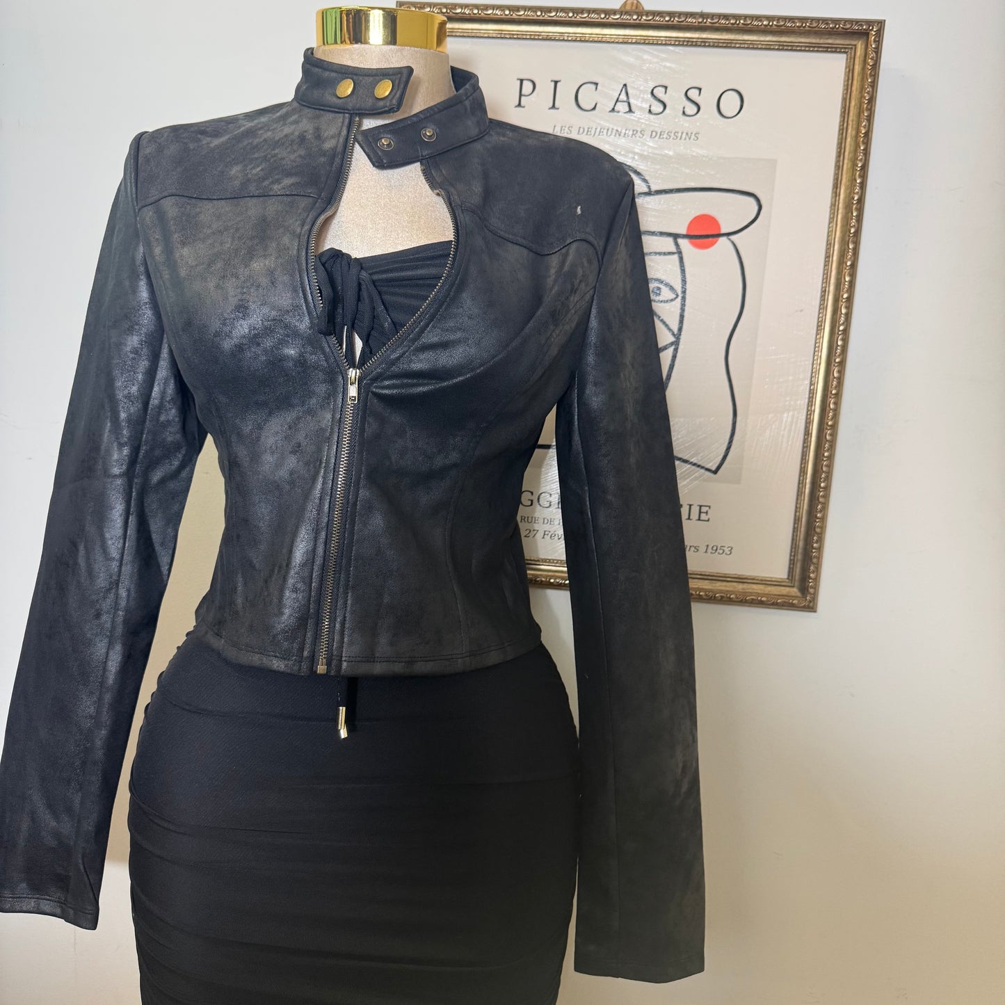 Suede Biker Jacket With Zipper-Black