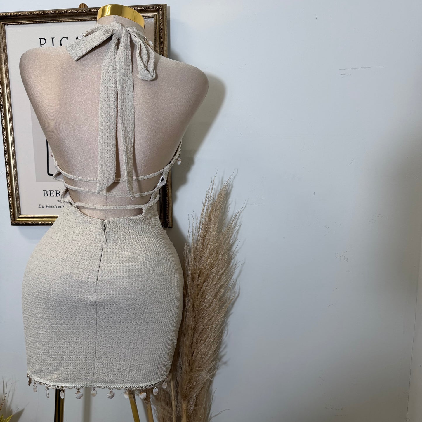 Shell Trim Detail Halter Neck Mini Dress-Natural