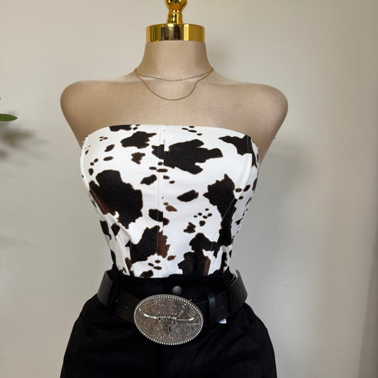 Strapless Cow Print Suede Corset Top