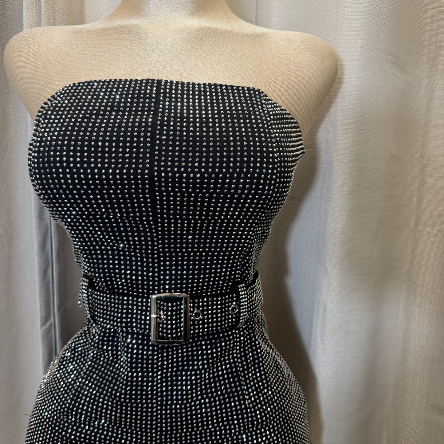 Strapless Rhinestone Romper with Belt-Black