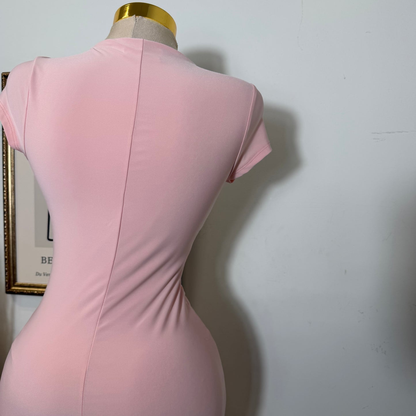 Lace Waist Contrast Midi Dress-Baby Pink
