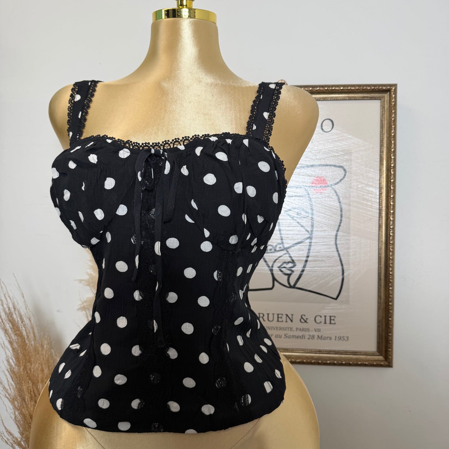 PL-Polka Dot Corset Tank Top with Smocked back- Black/White