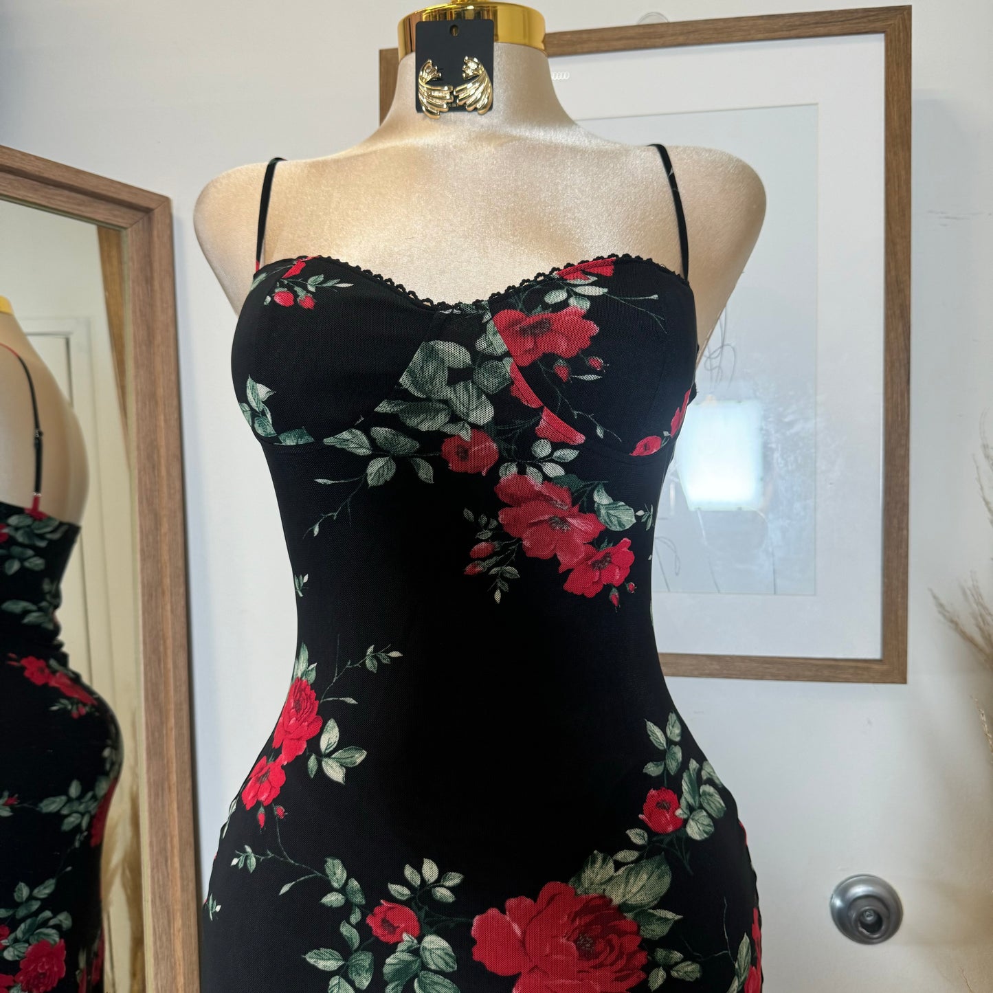 Rose Mesh Spaghetti Dress-Black/Red