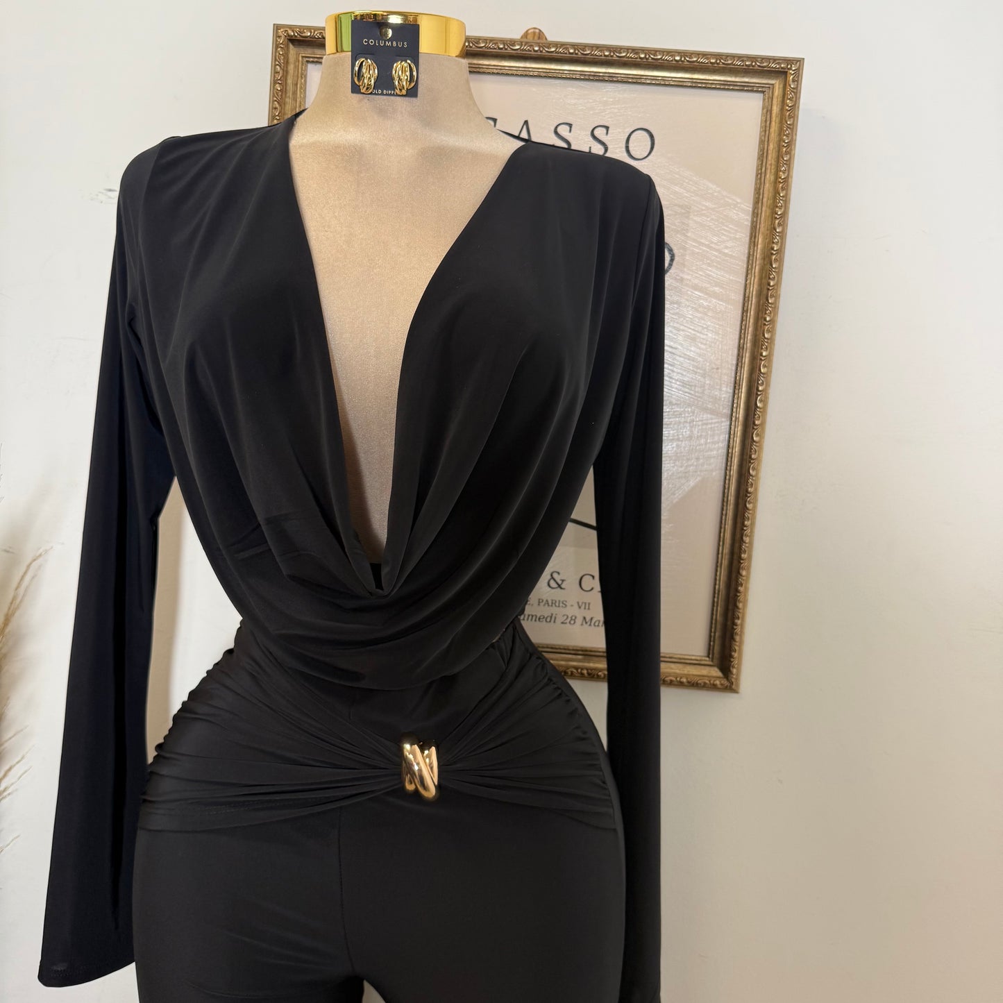 Long Sleeve Crop Top Pant Set-Black
