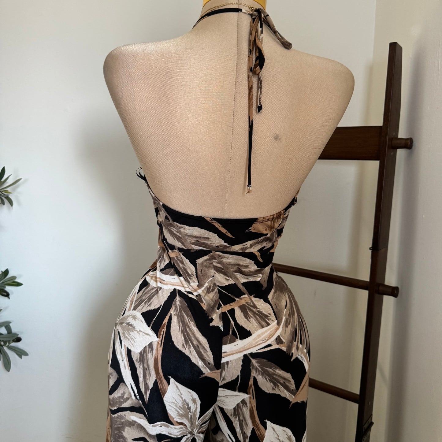 Bead Cowl Neck Halter Jumpsuit-Leaf Print