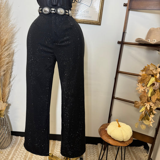 Rhinestone Wide Leg Pants -Black