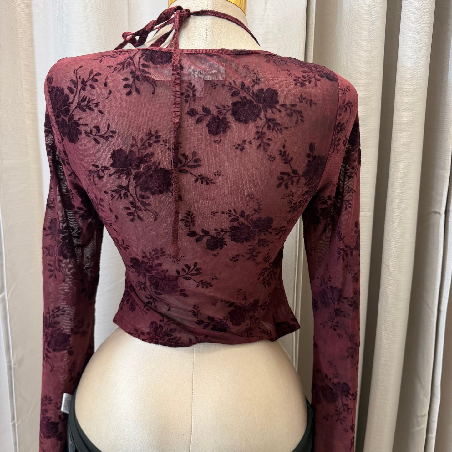 Floral pattern Long sleeve Mesh Top-burgundy