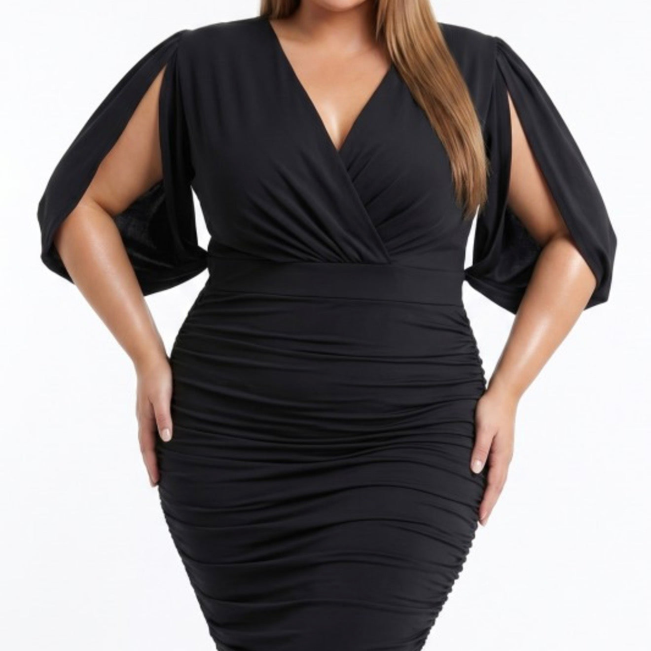 PL-Deep V-Neck Slit Open Mesh sleeve- Black