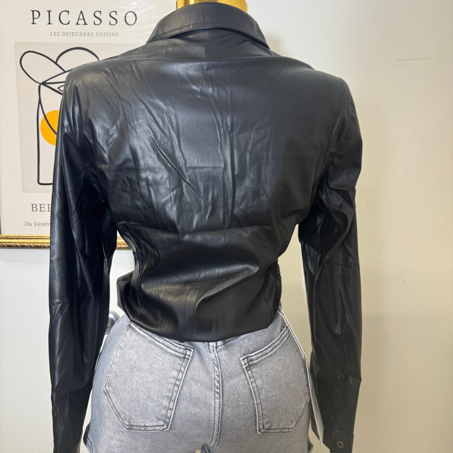 PU Faux Leather Shirt with button closure-Black