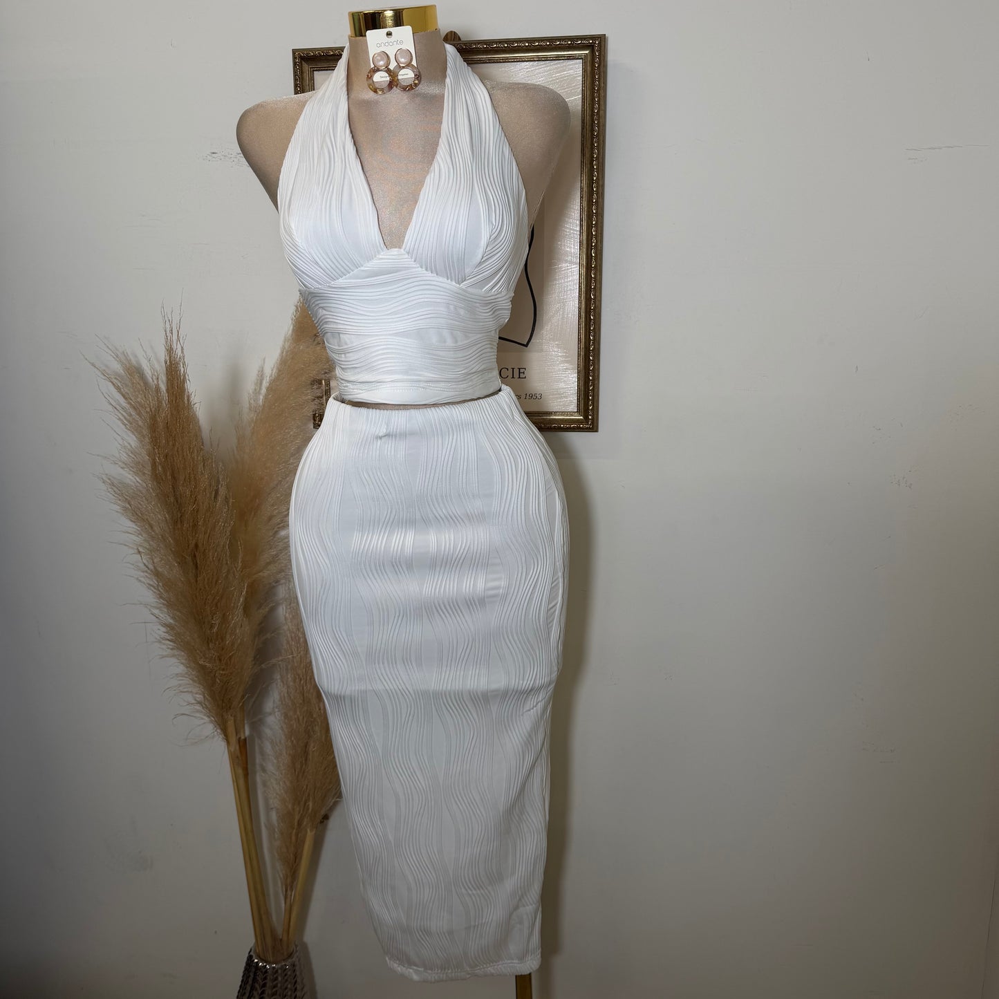 Halter Neck and Midi Skirt Set-White