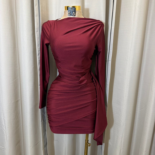 Long Sleeve Mini Dress Mock Neckline-burgundy