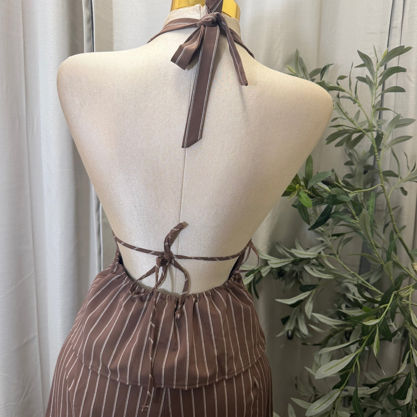Stripe spaghetti Tie open back Halter Top and pant set