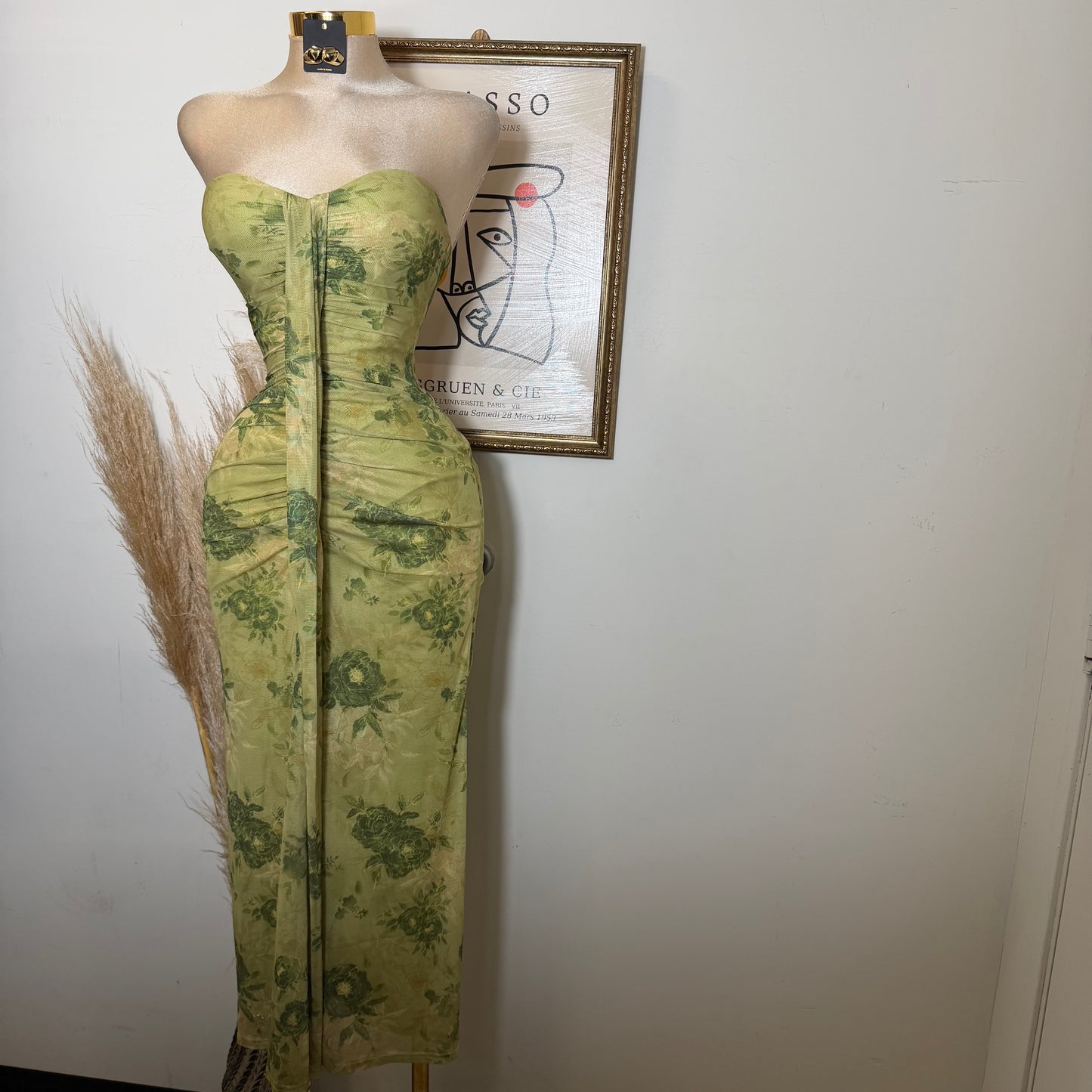 Sweetheart Ruched Wrap Maxi Dress-Green