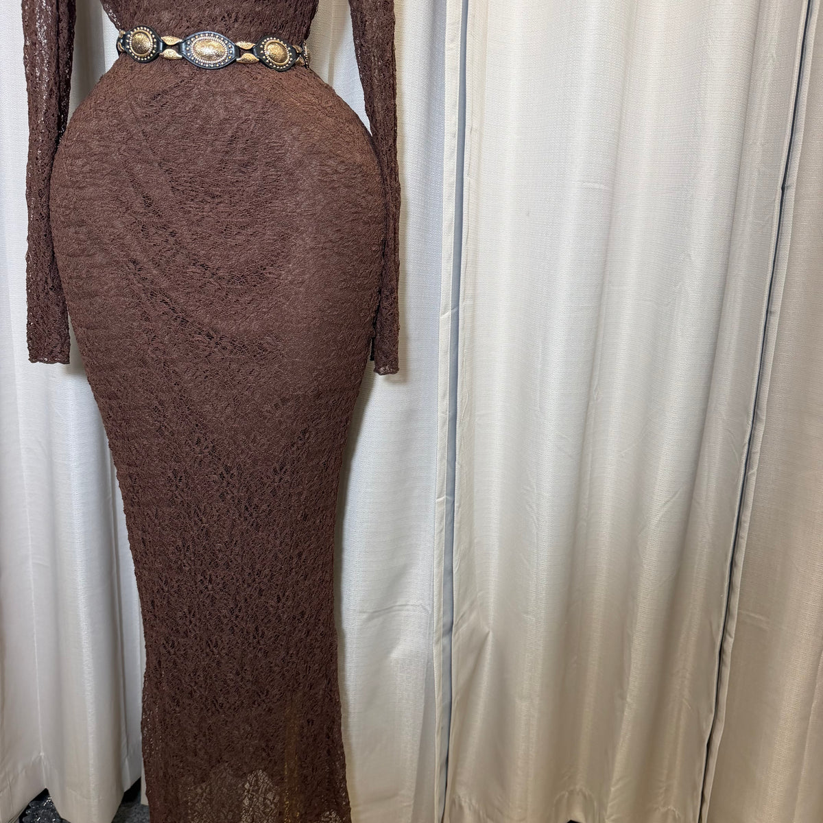 PL- Long sleeve Lace Midi Dress-Brown
