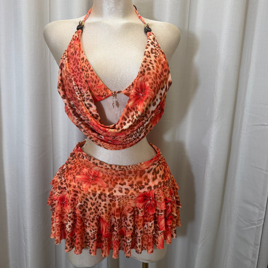 Floral halter open-Back Shirt set-Orange