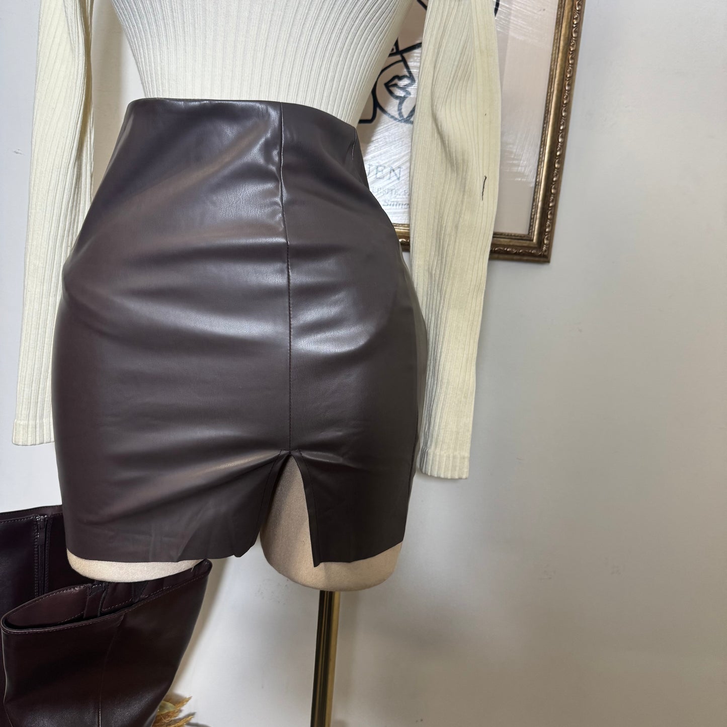 Leather Mini Skirt-Brown
