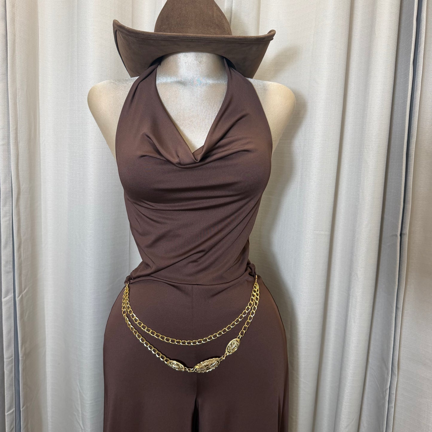 Cowl halter Neck Flare Jumpsuit-Brown
