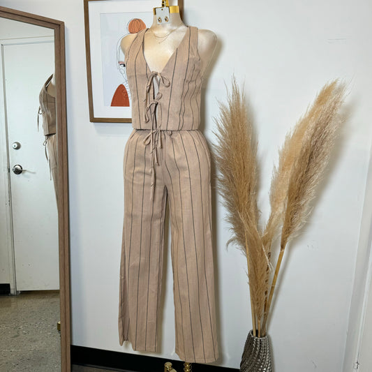 Knot Linen Pant Set-Beige with Black and Blue Stripes