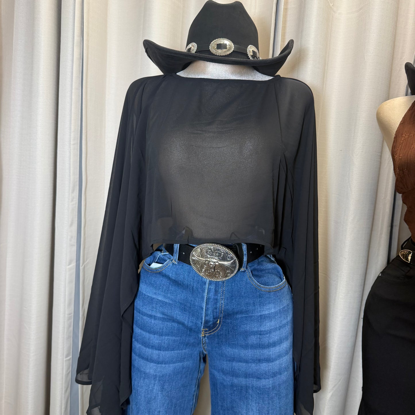Mesh Long sleeve Crop Top-Black